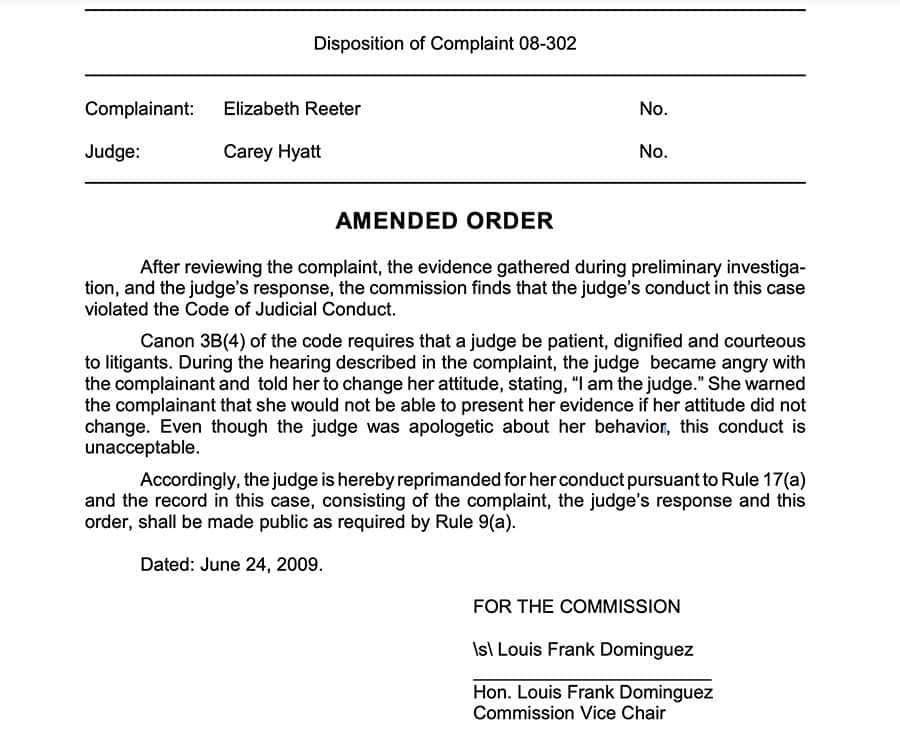 Disposition of Complaint against Judge Carey Snyder Hyatt